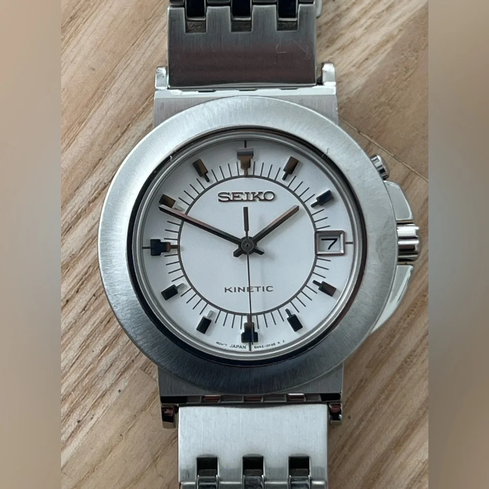 Seiko Kinetic Super Rare Automatic Watch White Dial Stainless Bracelet Dial